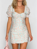 Frauen Sommerkleid Vierkanthals Kurzarm Bedrucktes Polyester Hellgrün Kurzes Strandkleid Bodycon Midikleid