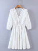 Frauen Sommerkleid Weiß V-Ausschnitt Ausschnitt Spitze Strandkleid Langarm Ausschnitte Midi Kleid