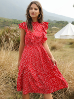 Frauen Sommerkleider Red Polka Dots Ärmellos bedrucktes Jewel Neck Cotton Beach Dress