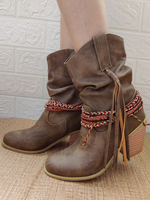 Frauen Stiefeletten Kaffee Braun Leder Runde Zehen Cowgirl Chunky Heel Booties