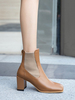 Frauen Stiefeletten Kaffee Braun Rindsleder Square Toe Chunky Heel Stiefeletten