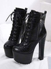 Frauen Stiefeletten Schwarz Krokodildruck Runde Kappe Plattform Schnüren Blockabsatz 6;3 "Booties