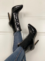 Frauen Stiefeletten Schwarz Lackleder Spitzschuh Pfennigabsatz 4.3 "Booties