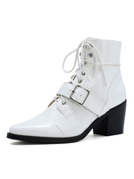 Frauen Stiefeletten White Kid Skin spitze Zehenschnalle Puppy Heel