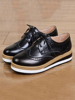 Frauen stilvolle Oxfords schwarze runde Spitze Keilabsatz Lace Up Rindsleder Casual Leder Schuhe