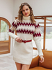 Frauen Strickkleid Ecru Weiß Schöne zweifarbige High Collar Langarm Polyester Layered Sweater Midi Kleid