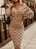 Frauen Strickkleid Gelb Pretty Printed V-Ausschnitt Langarm Sexy Bodycon Sweater Kleid