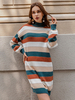 Frauen Strickkleid Kaffee Braun Schöne Streifen Polyester Langarm Pullover Midi Kleid