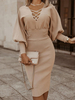 Frauen Strickkleid Khaki Pretty Designed Ausschnitt Langarm Polyester Sexy Midi Kleid Bodycon Kleid
