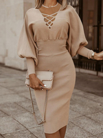 Frauen Strickkleid Khaki Pretty Designed Ausschnitt Langarm Polyester Sexy Midi Kleid Bodycon Kleid