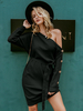 Frauen Strickkleid Schwarz Elegant Langarm Polyester Asymmetrisch Sexy Midi Kleid