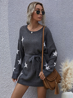 Frauen Strickkleid Star Print Jewel Neck Langarm Polyester Midi Kleid