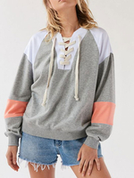 Frauen Sweatshirt Grau Langarm Kordelzug Baumwolle Pullover Sweatshirts