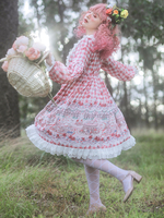 Frauen Sweet Lolita OP Kleid Infanta Märchen Blumendruck Kirschrot Plissee Lolita Einteilige Kleider