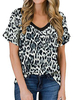 Frauen T-Shirt Grau Kurzarm V-Ausschnitt Bedrucktes Muster Polyester Casual T-Shirt
