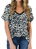 Frauen T-Shirt Grau Kurzarm V-Ausschnitt Bedrucktes Muster Polyester Casual T-Shirt