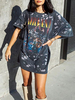 Frauen T-Shirt Halbe Ärmel Grau Polyester Jewel Neck Casual T Shirt
