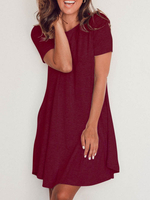 Frauen T-Shirt-Kleid Burgund CottonShort Ärmel Jewel Hals kurzes Kleid