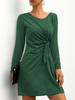 Frauen T-Shirt Kleider Green Jewel Neck Langarm geknotetes Hemd Kleid