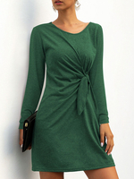 Frauen T-Shirt Kleider Green Jewel Neck Langarm geknotetes Hemd Kleid
