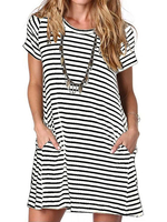 Frauen T-Shirt Kleider Weiße Streifen Kurzarm Juwelenhals T-Shirt Kleid Mit Taschen