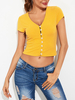 Frauen T-Shirt Kurzarm V-Ausschnitt T-Shirts Gelbe Knöpfe Lässig Sommer Crop Top