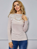 Frauen T-Shirt Langarm Hellrosa Polyester Baumwolle Ausschnitt Jewel Neck T-Shirt