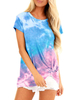 Frauen T-Shirts Hell Himmelblau Tie Dye Jewel Neck Polyester T-Shirt für Frauen
