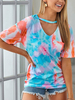 Frauen T-Shirts Helles Himmelblau Tie Dye Polyester Casual T-Shirt mit V-Ausschnitt