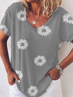Frauen T-Shirts hellgrau Blumendruck Gänseblümchen Juwel Hals lässig T-Shirt