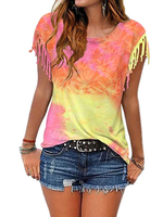Frauen T-Shirts Orange Tie Dye Jewel Neck Fransen Polyester Casual T-Shirt