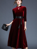 Frauen Velour Kleid Chinesisch Prom Dress Stehkragen Burgund Maxikleid
