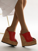 Frauen Wedge Sandalen Charmante Peep Toe PU Leder Red Wedge Heel Mules