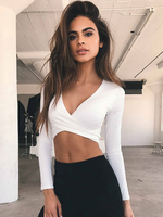 Frauen Weiß Langarm T-Shirt Polyester V-Ausschnitt Sexy Tops