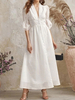 Frauen Weiß Langes Kleid Plissee Layered Polyester Sexy V-Ausschnitt Halbarm Spitzenkleider