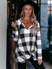 Frauen Weiß Plaid Langarm T-Shirt Polyester V-Ausschnitt Langhemd
