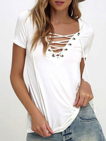Frauen Weiß T-Shirt für Damen 2021 Lace Up Kurzarm V-Ausschnitt Sommer Casual Top