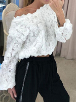 Frauen-weiße Bluse-Blumen-Juwel-Ansatz-lange Hülsen-Oberseiten