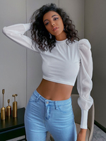 Frauen weiße Bluse lange Puffer Ärmel Polyester T-Shirt