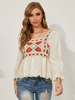 Frauen weiße Bluse leichte Aprikose Polyester Juwelenhals böhmische Spitze Applique Langarm Tops