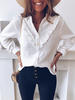 Frauen weiße Bluse Turndown-Kragen Langarm Rüschen Casual Shirts