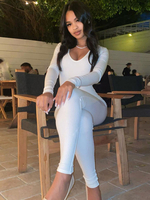 Frauen Weißer Overall U Hals Lange Ärmel Polyester Skinny Sommer Playsuit