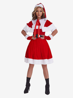 Frauen Weihnachtstunika Kleid Rot Polyester Faser Handschuhe Schärpe Kleid Polyester Farbblock Weihnachtsferien Kostüme