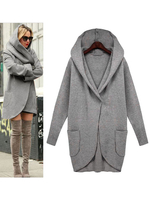 Frauen Winter 2021 Mantel Kapuzeed Grau Lange Ärmel Taschen Beiläufig Oberbekleidung