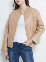 Frauen Winterjacke Leder Jewel Neck Langarm Kurzjacken