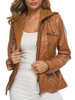 Frauen Winterjacken Brown Hooded Drawstring Langarm PU-Lederjacken