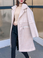 Frauen Wintermäntel Aprikose Turndown Kragen Langarm Faux Shearling Mantel Mit Taschen