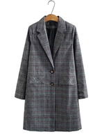 Frauen Wintermäntel Grau Plaid Turndown Kragen Langarm Trenchcoat