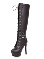 Frauen Winterstiefel schnüren Reißverschluss Schnalle Stiletto Perlen braune High Heel Platform kniehohe Stiefel