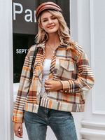 Frauen Wolljacke Orange Urndown Kragen Plaid Polyester Langarm Jacke